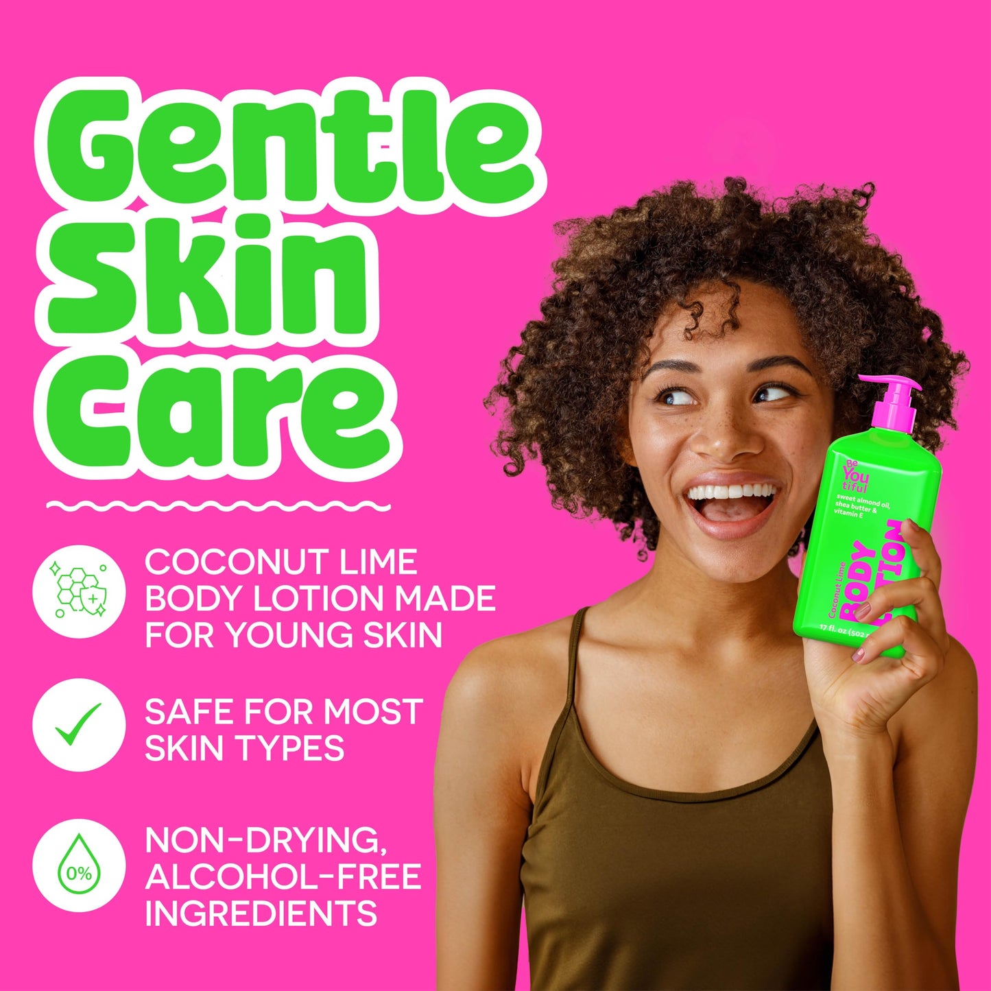 BeYoutiful Coconut Lime Super Smooth Body Lotion for Dry Skin, Natural Hydrating Moisturizer for Kids and Teens, Cruelty Free Skin Care, 17oz