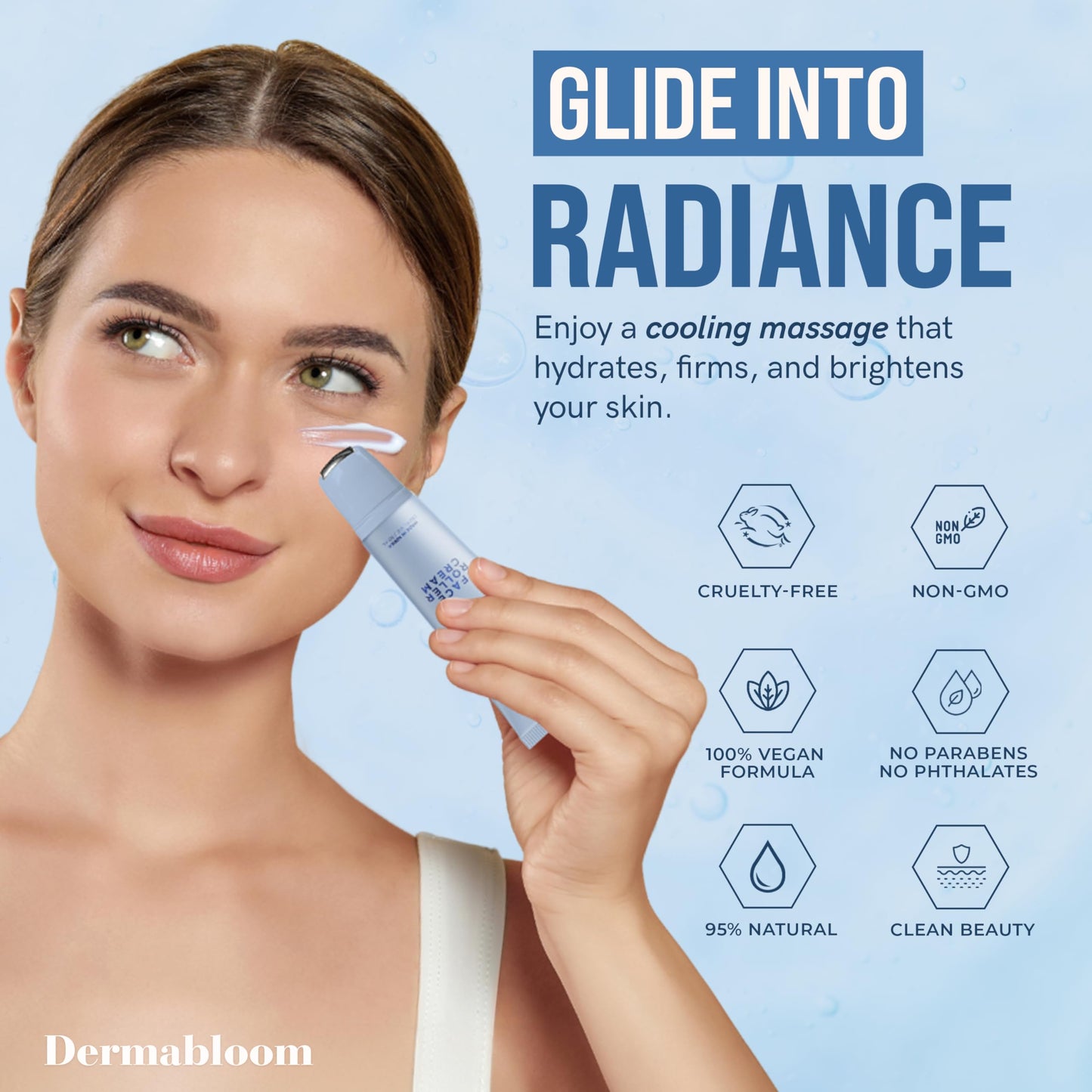Dermabloom Hyaluronic Acid Face Roller Cream - Hydrates, Plumps, Firms, Depuffs - Dermatologist Tested, Anti-Aging, Korean Skin Care - Vegan, Clean