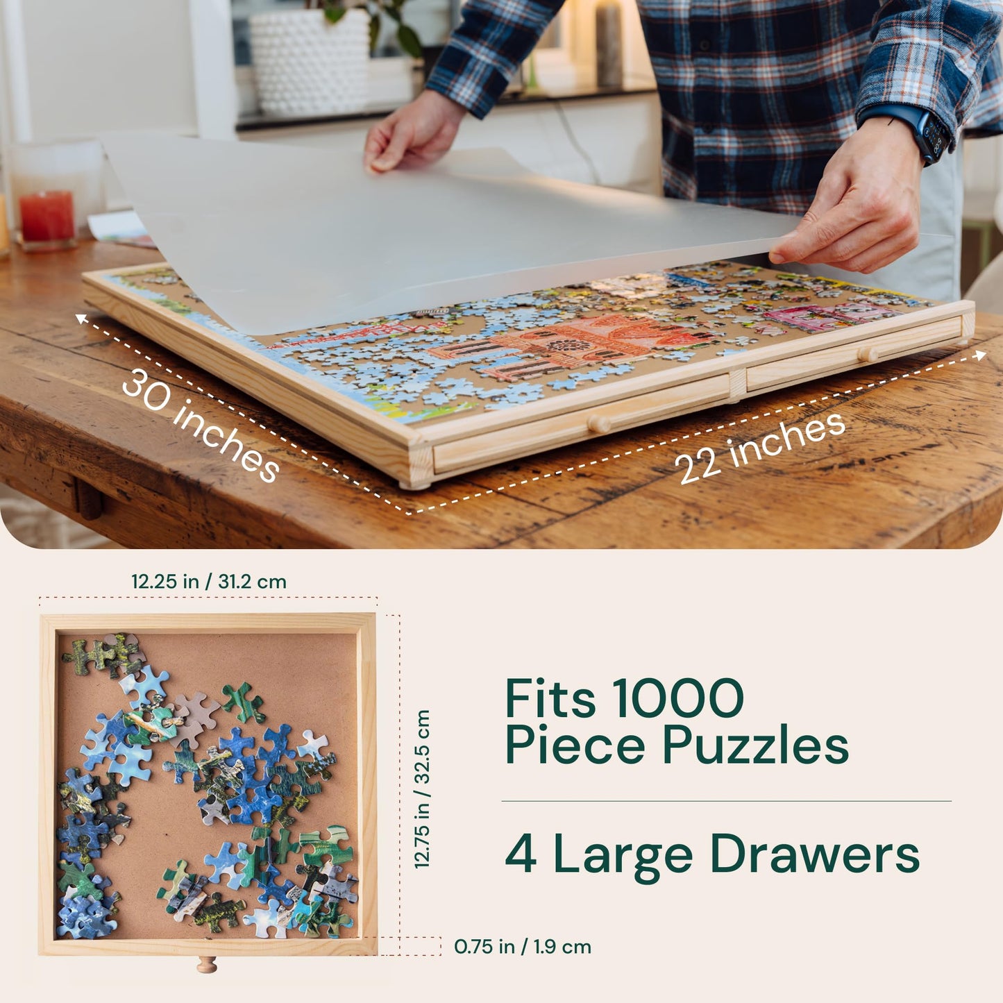 PlayVibe 1000-Piece Rotating Puzzle Board – Portable 22"x30" Wooden Jigsaw Table with Drawers, Cover & 4 Compartments, Lazy Susan Spinning Design