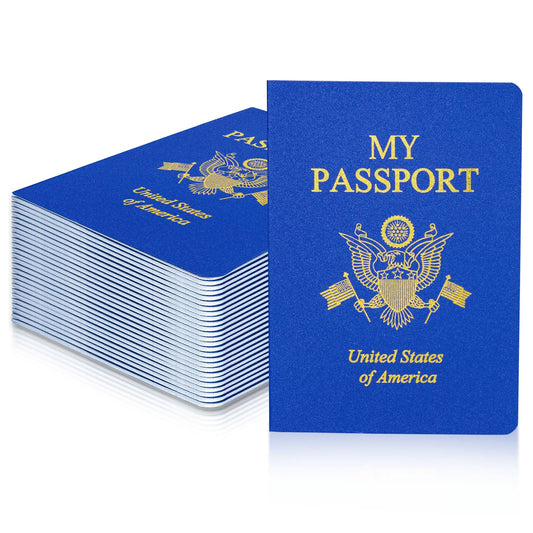 XIISVINT 30PCS Blank Passport Notebooks – Blue Fake Passport Travel Journals for Kids, School Projects, Pretend Play & Party Favors