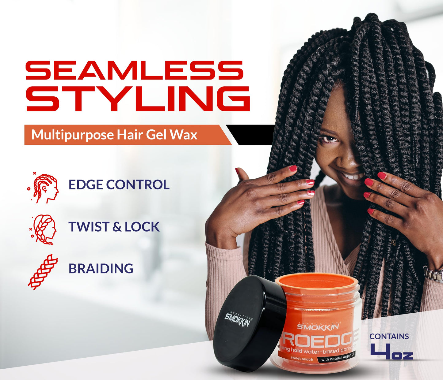 Smokkin Pro Edge Hair Styling Gel - Alcohol-Free, Water-Based Pomade with Strong Hold & Argan Oil - No Flakes, Edge Control, Twist & Braid Gel for Men