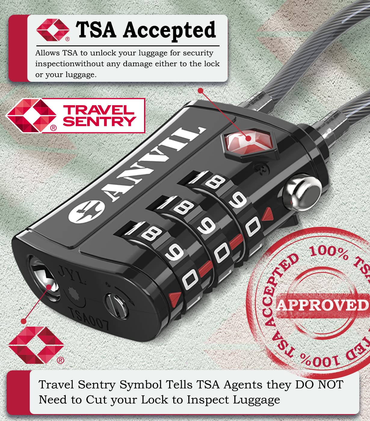 ANVIL TSA Approved Cable Luggage Locks – 3-Digit Combination Travel Padlocks with Zinc Alloy Body for Suitcases, Backpacks & Gun Cases (4 Colors)