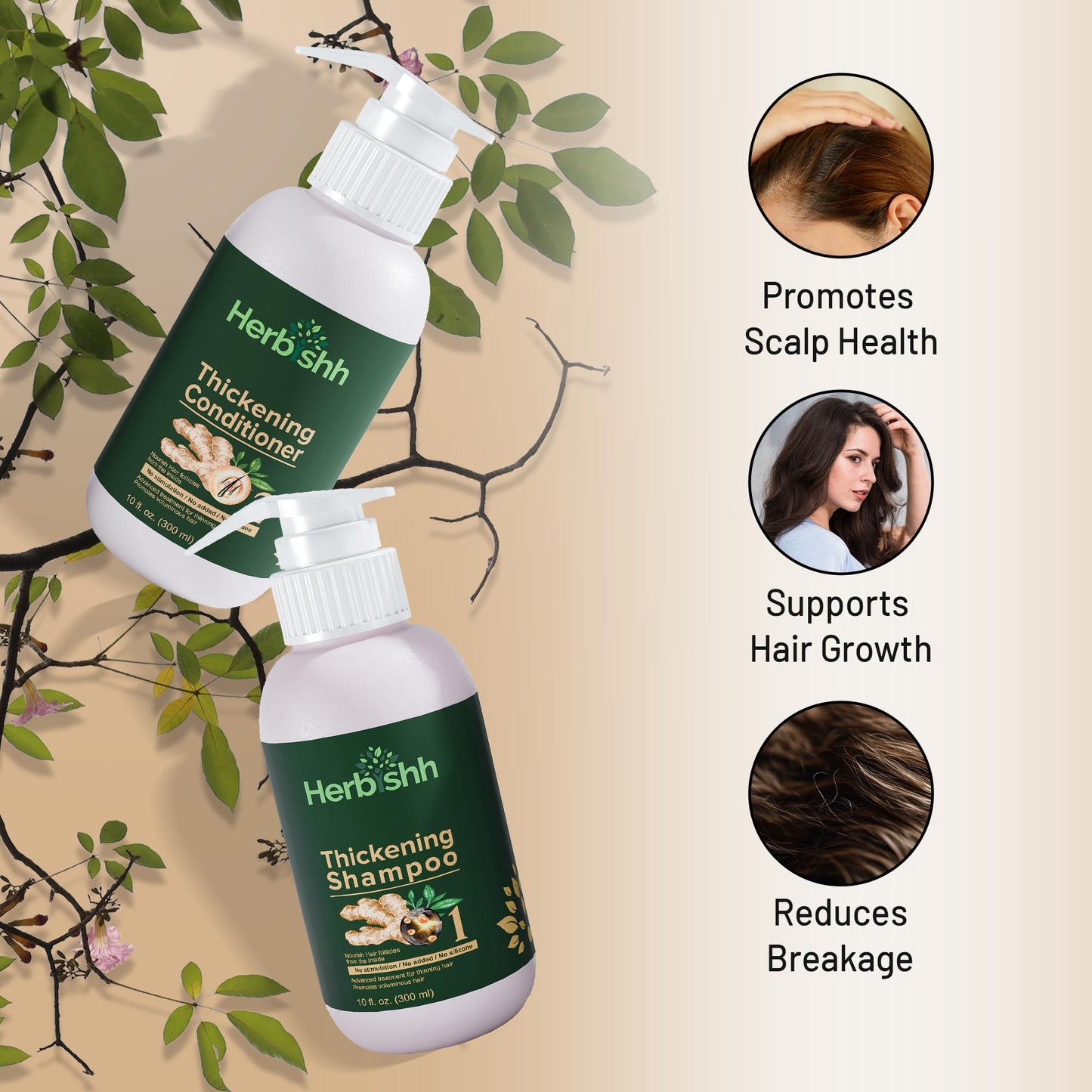 Herbishh Ginger Extract Thickening Shampoo and Hair Conditioner for Hair Thickening, Suitable for All Type Hair, Sulphates & Parabens Free 10fl. oz