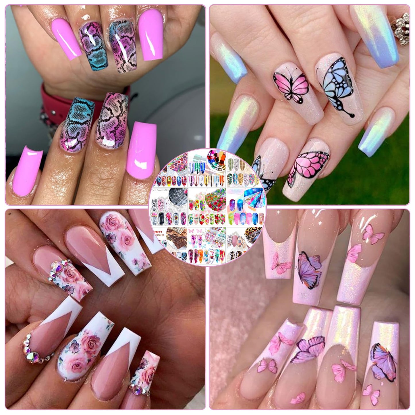 Bagvhandbagro 100 Sheets Nail Foil Transfer Sticker Kit, Art Decals Tips Starry Sky Laser Flower Leopard Print DIY Decorations Supplies Design