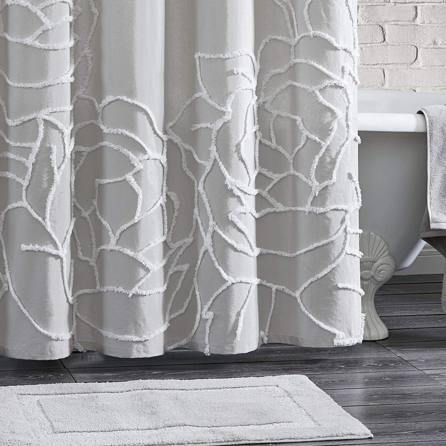 Peri Home 100% Cotton Fabric Shower Curtain for Bathroom, 72 x 72 inches, Grey Chenille Rose