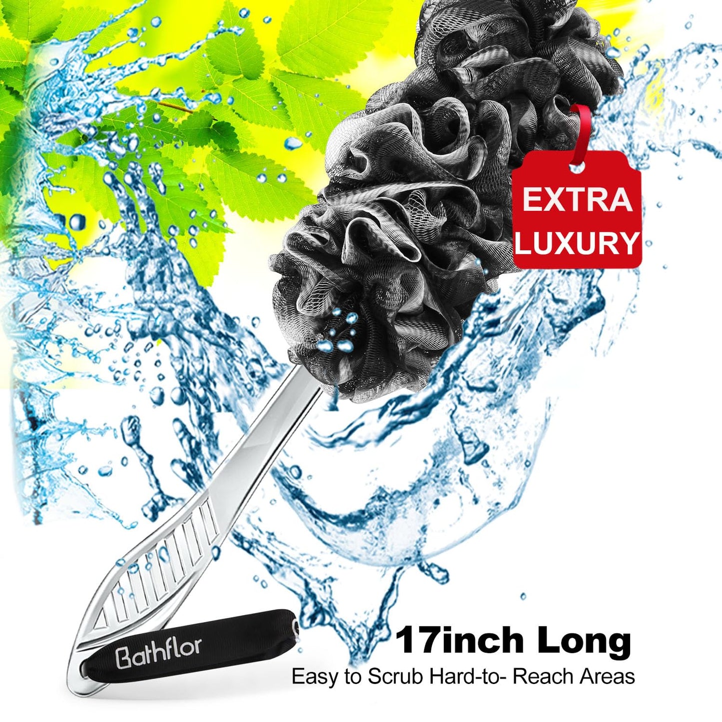 Bathflor Loofah Sponge Exfoliating Body Scrubber: 4PCS Extra Large 80g Shower Loofahs Poufs, 1PCS Long Handle Loofa Back Scrubber, 1PCS Luffa Hook