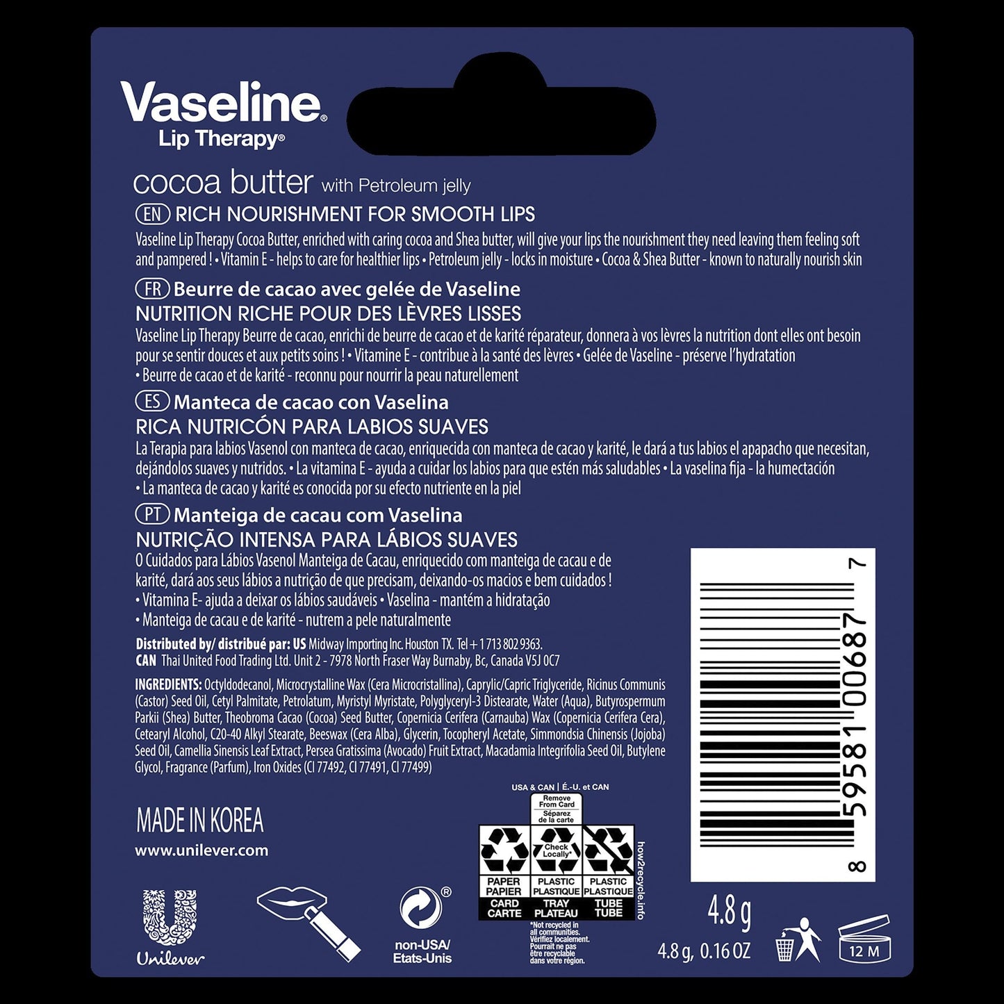 Vaseline Lip Therapy Stick, Cocoa Butter, 4.8g