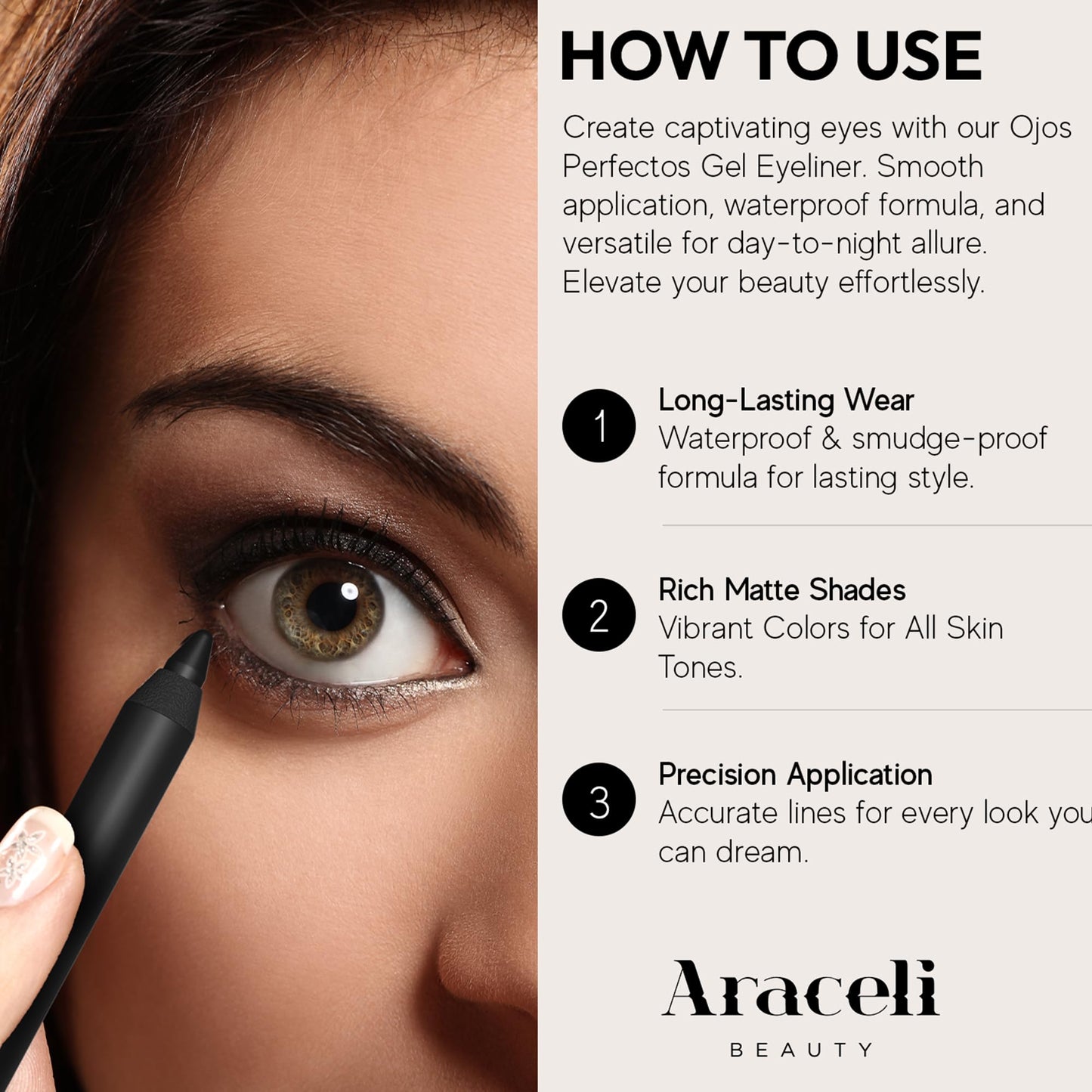 Araceli Beauty Gel Pencil Eyeliner - Water Resistant, Long-Lasting, Smudge-Proof Creamy Formula for Precision Lining - Hypoallergenic, Bold Eyeliner