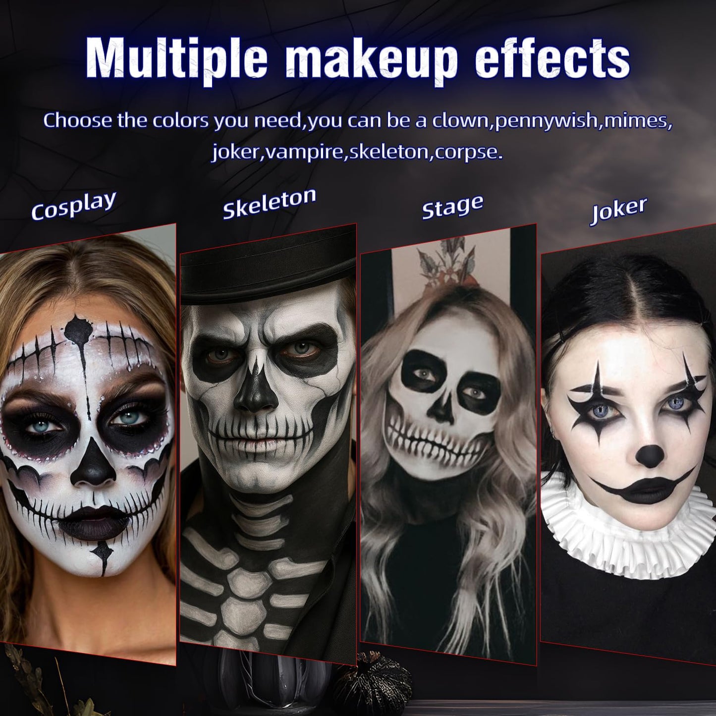 VPCRT6 White Black Blue Halloween Face Body Paint with 3PCS Sponge and 1PC Brush, for Baseball, Sports(Eye Black) & Halloween, Face Painting Kit