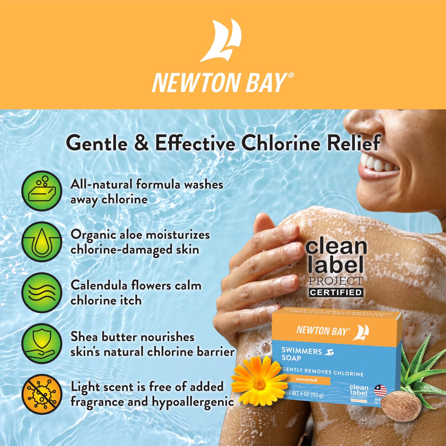 Newton Bay Swimmers Soap | All Natural Body and Face Wash Soap Bar | Gently Washes Away Chlorine After Swimming | Revitalizes Sensitive Skin | 5-Pack