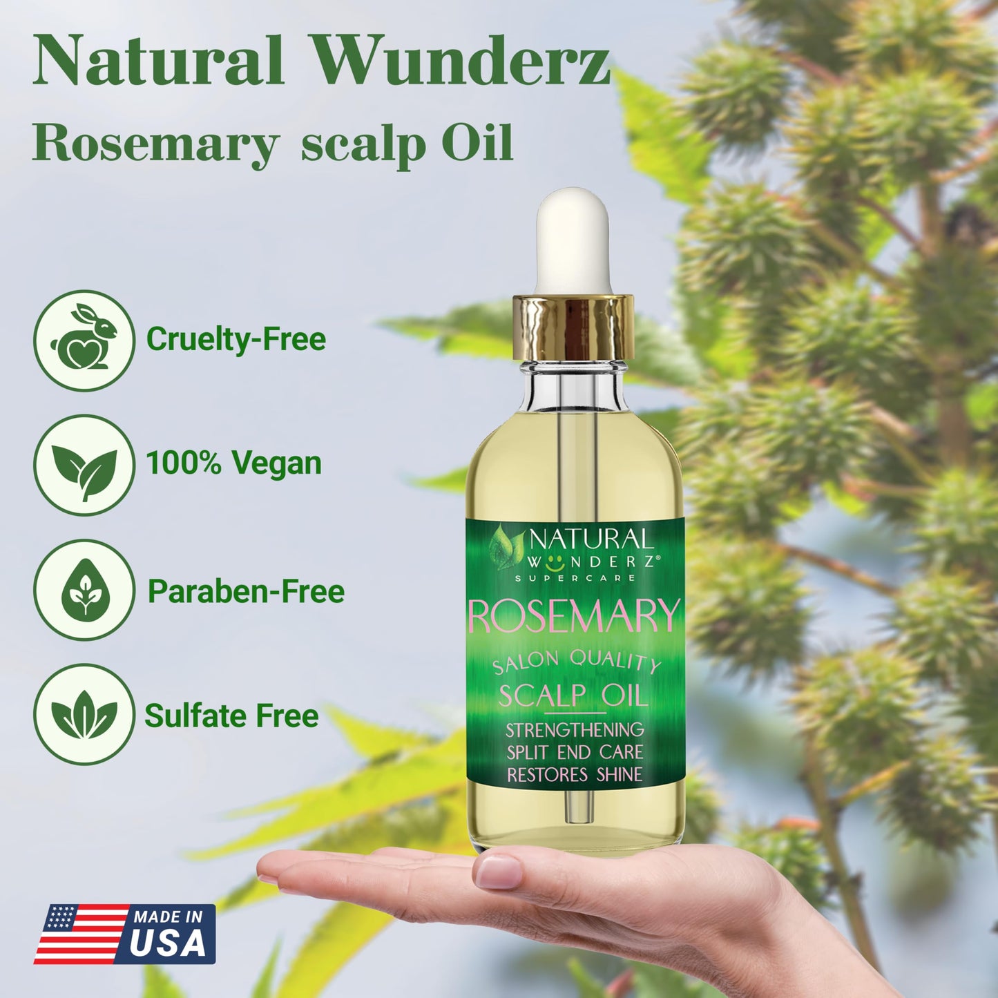 Natural Wunderz Rosemary Hair Oil, Supports Hair Growth, Thickening Serum and Strengthening Split End Case for Dry and Damaged Hair, Sulfate Free