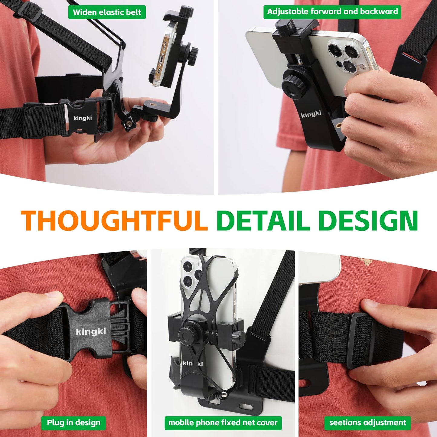KINGKI Mobile Phone Chest Mount Harness Strap Holder Cell Phone Clip Action Camera POV for Samsung iPhone Plus etc