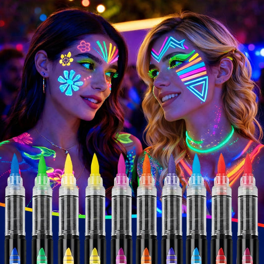 10 Colors Glow in the Dark Body Paint Markers, Fluorescent UV Face and Body Painting Pens Kit Neon Sticks for Adult Glow Party, Halloween, Cosplay