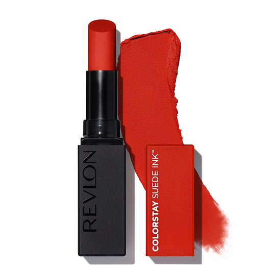 Revlon Lipstick, ColorStay Suede Ink, Built-in Primer, Stocking Stuffer for Women, Waterproof, Smudge-proof, Matte Color, 014 Spit Fire, 0.09 oz