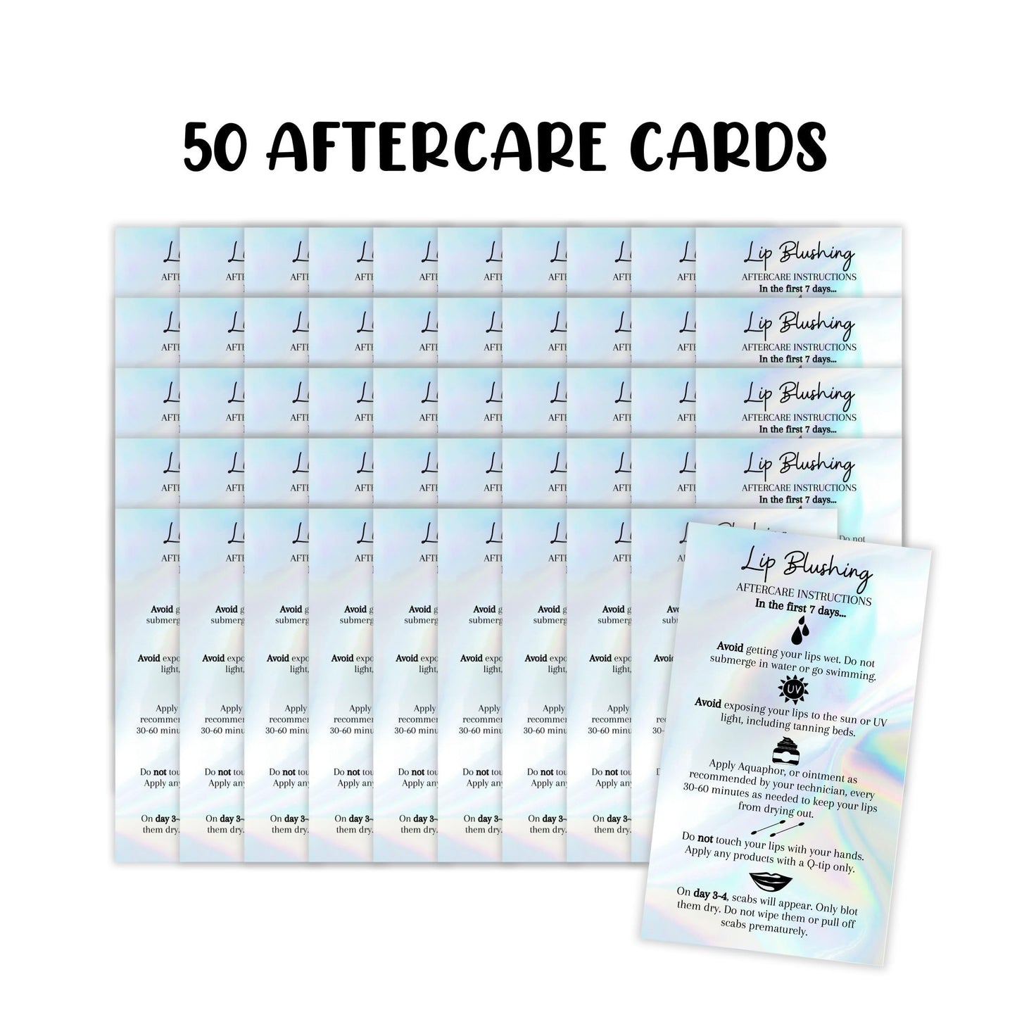 Lip Blush Aftercare Instructions Card | 50 Pack | 2x3.5" inches Business Card Size | Lip Glow Lip Blush PMU Lip Tint Lip Tattoo | Holographic Design