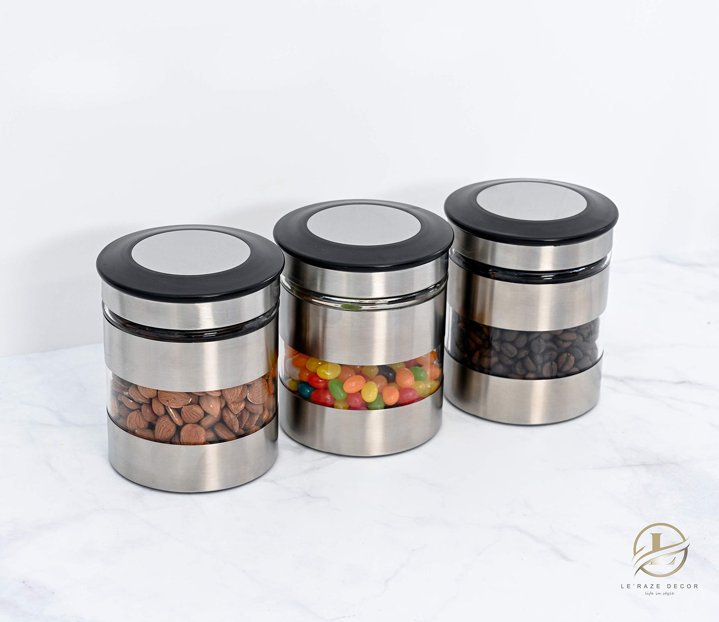 Le'raze Quality Stainless Steel Canister Set of 3 for Kitchen Counter with Glass Window & Airtight Lid - Food Storage Containers with Lids Airtight…