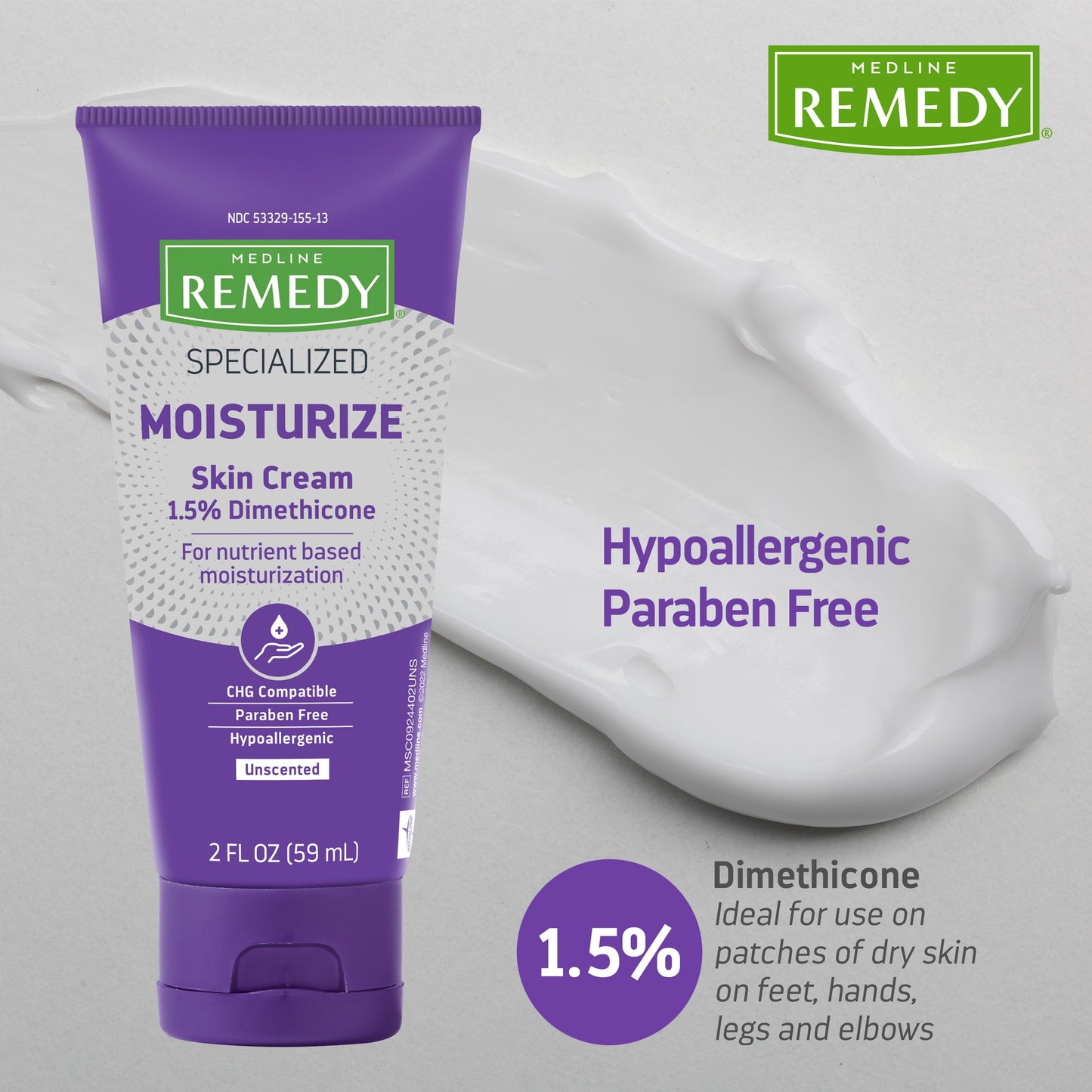 Medline Remedy Specialized Skin Cream, Unscented (2 fl oz), 1.5% Dimethicone, Nourishing Moisturizer for Dry Skin, Paraben-free, and Hypoallergenic