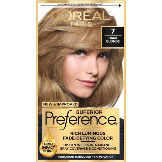 L'Oreal Paris Superior Preference Luminous Fade-Defying Permanent Hair Color, Hair Dye For Up to 9 Weeks of Radiance, Dark Blonde 7, 1 Hair Dye Kit