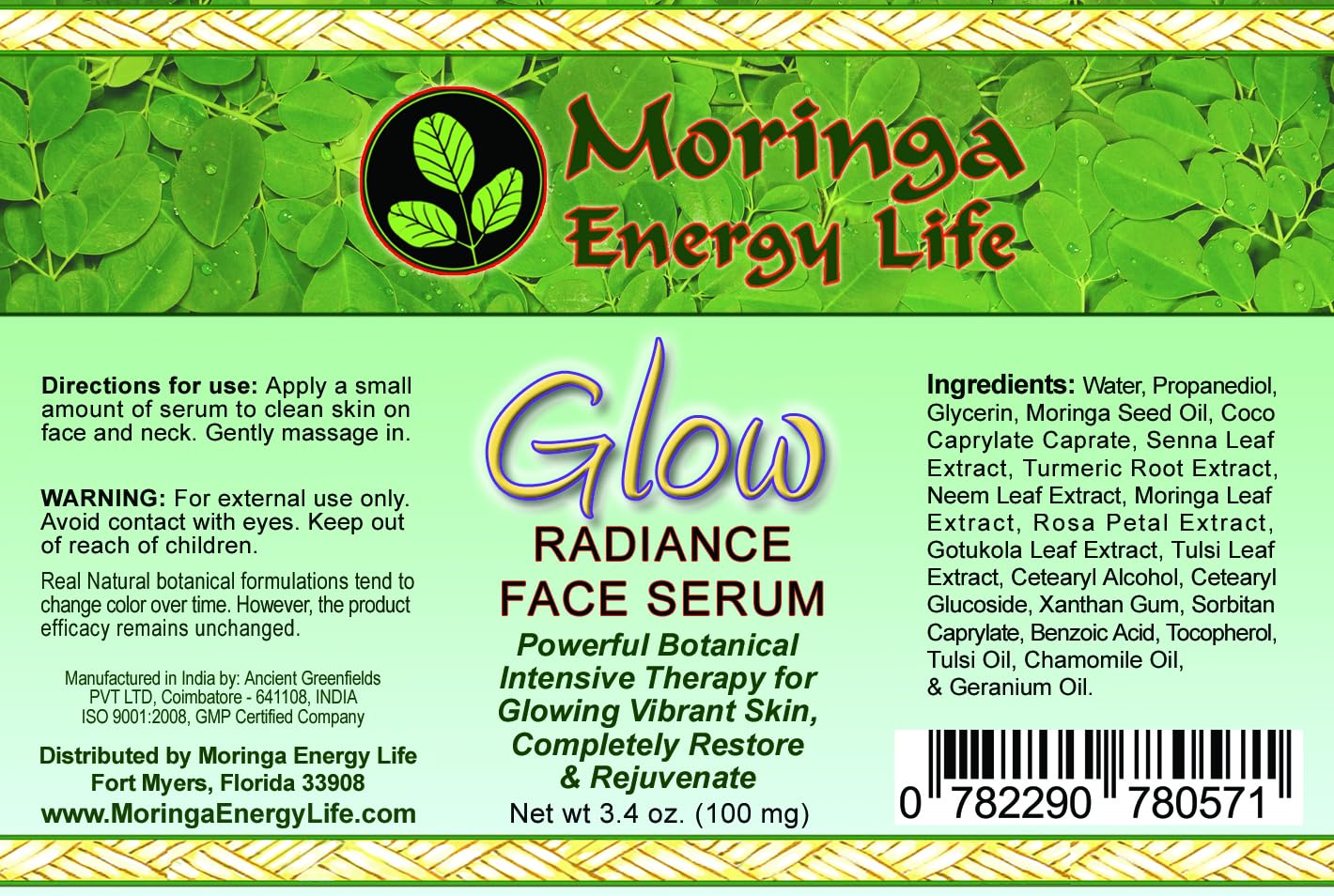 Moringa Glow Radiance Face Serum 3.4 oz by Moringa Energy Life - Moisturizer for Face & Neck, Rich in Antioxidants, Moringa oil plus 11 Essential Oils