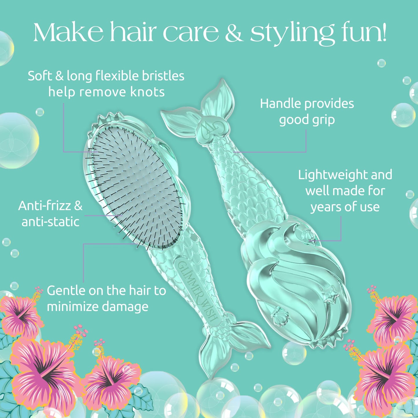 Glimmer Wish Mermaid Detangling Hair Brush for Kids - Anti Frizz and Anti Static - Soft and Long Bristles to Detangle With Ease - Gentle on Hair Kids