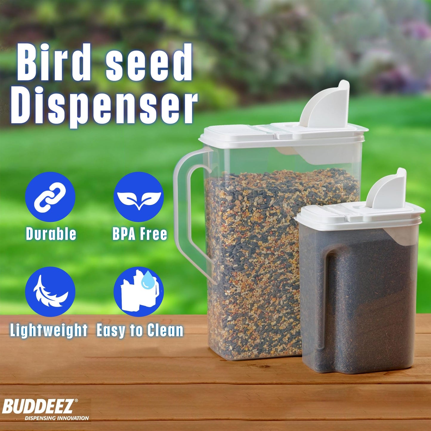 Buddeez Pet Food Storage Containers - 2 Count Bird Seed Dispenser with Pour Tight Lids and Easy Pour Spouts, 8 Qt and 3.5 Qt, Bird Seed Storage…