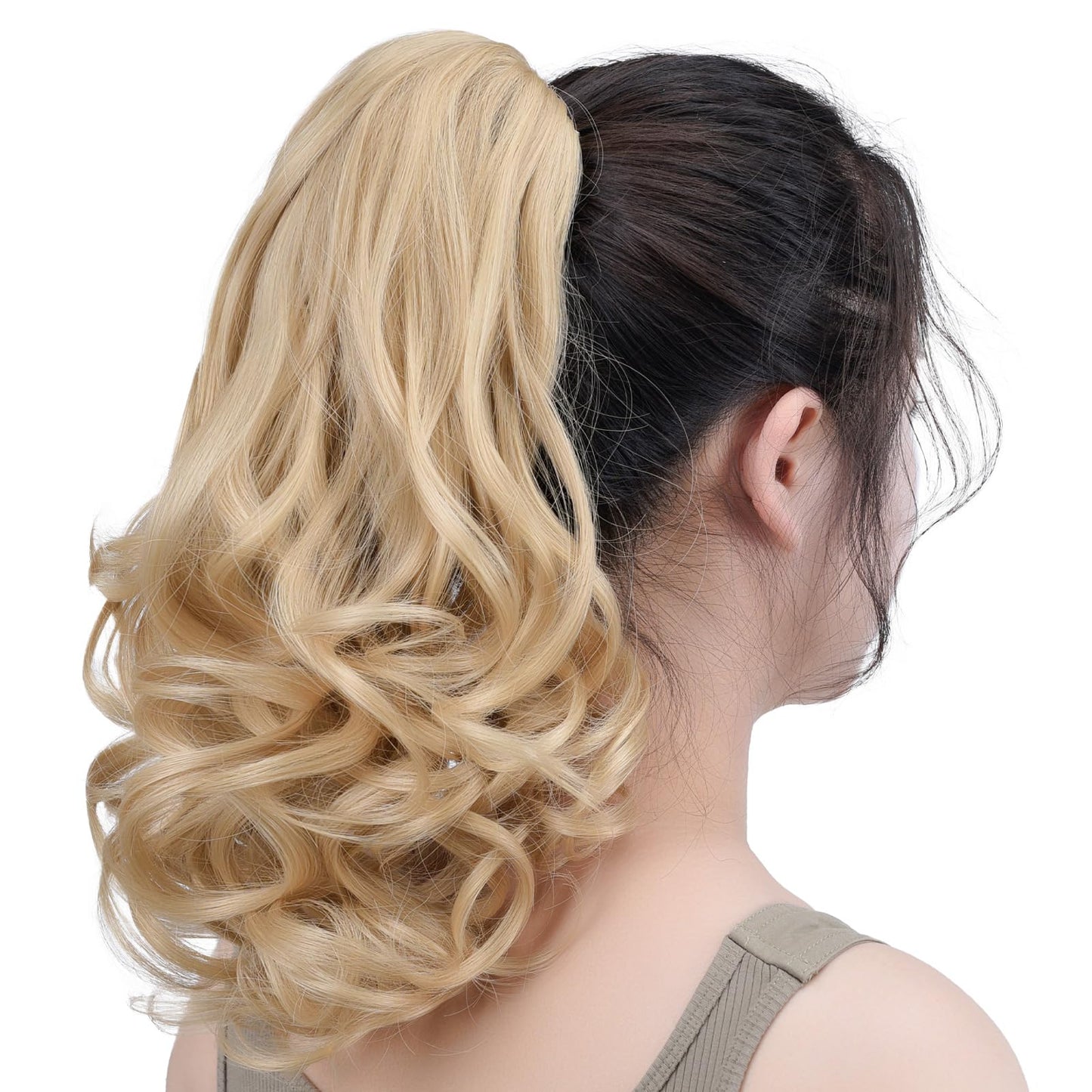 SYXLCYGG Blonde Clip Ponytail Extension – 14" Wavy Claw Clip, 4.3oz Synthetic Yaki, Realistic Fluffy Fake Hairpiece for Women