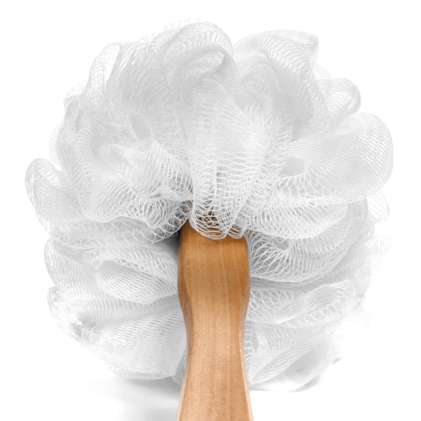 Shower Loofah on a Stick Body & Back Scrubber - Long Handled Mesh Bath Sponge Pouf Luffa Brush on a Stick with a Wood Handle for Men & Women - Easy