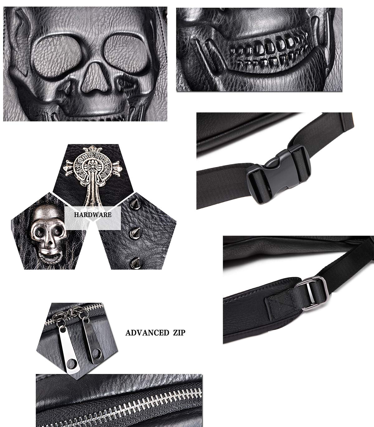 nice--buy Skull Punk Art Fashion Backpack Hooded Rivet Studded Biker Purse Gothic 3D Skull PU Leather Bookbag Python Daypack Shoulder Bag Laptop Bag