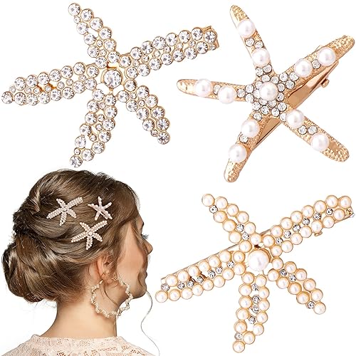 PAGOW 3 PCS Starfish Hair Clips, Gold Rhinestone Pearls Crystal Hair Clips, Sea Star Ponytail Holder, Faux Pearl Crystal Wedding Headpiece Hair