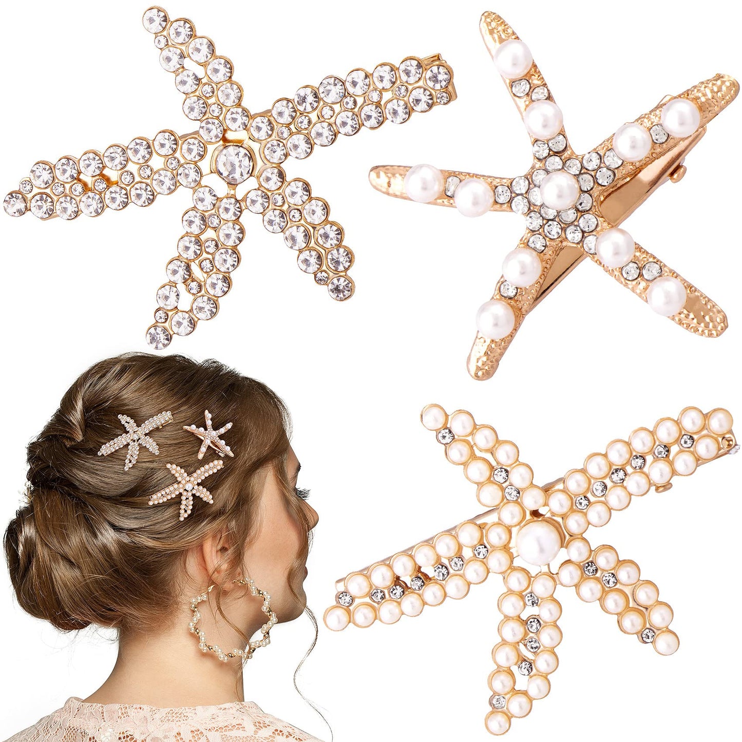 PAGOW 3 PCS Starfish Hair Clips, Gold Rhinestone Pearls Crystal Hair Clips, Sea Star Ponytail Holder, Faux Pearl Crystal Wedding Headpiece Hair