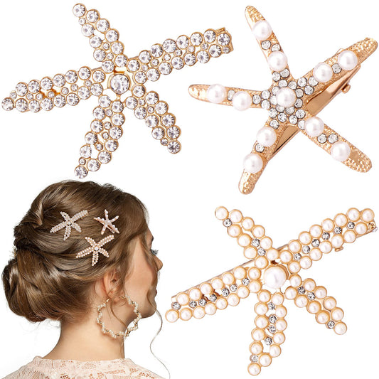 PAGOW 3 PCS Starfish Hair Clips, Gold Rhinestone Pearls Crystal Hair Clips, Sea Star Ponytail Holder, Faux Pearl Crystal Wedding Headpiece Hair