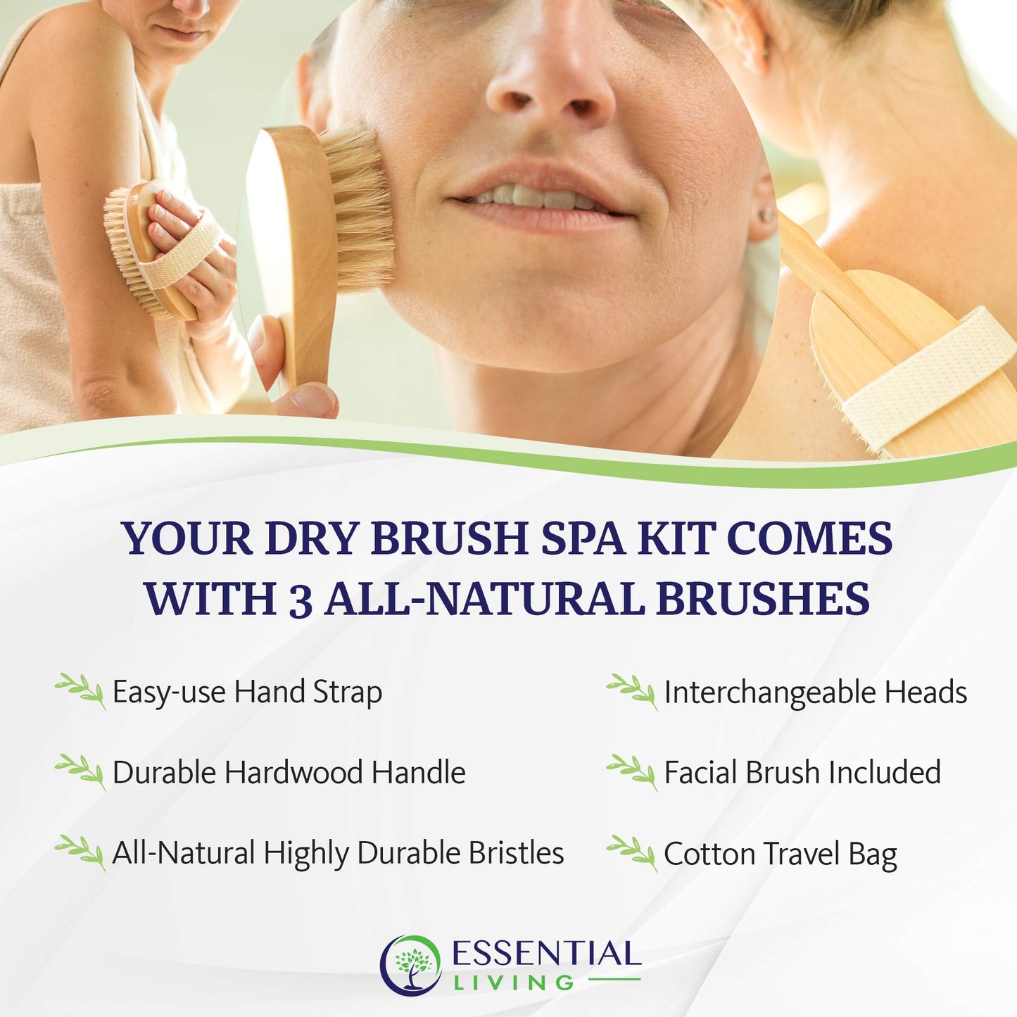 Essential Living: 3-Piece Dry Brushing Spa Kit - 1 Face Brush, 2 Body Scrub Brushes and a Cotton Bag - Body and Skin Care for Exfoliation, Blood