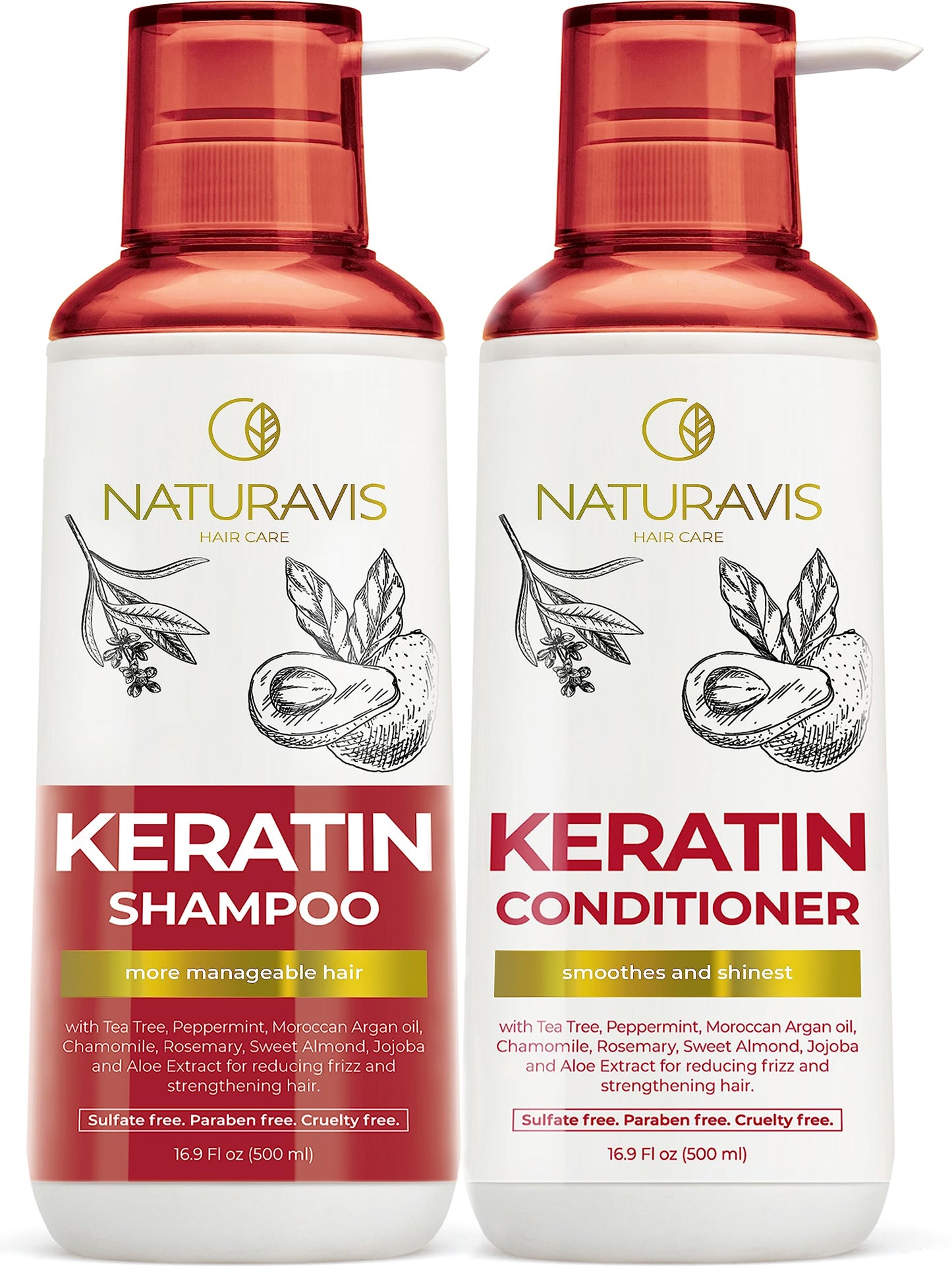NATURAVIS Keratin Shampoo and Conditioner Set - Sulfate Free, All Hair Types - Women and Men - 16.9 Fl Oz (Pack of 2)