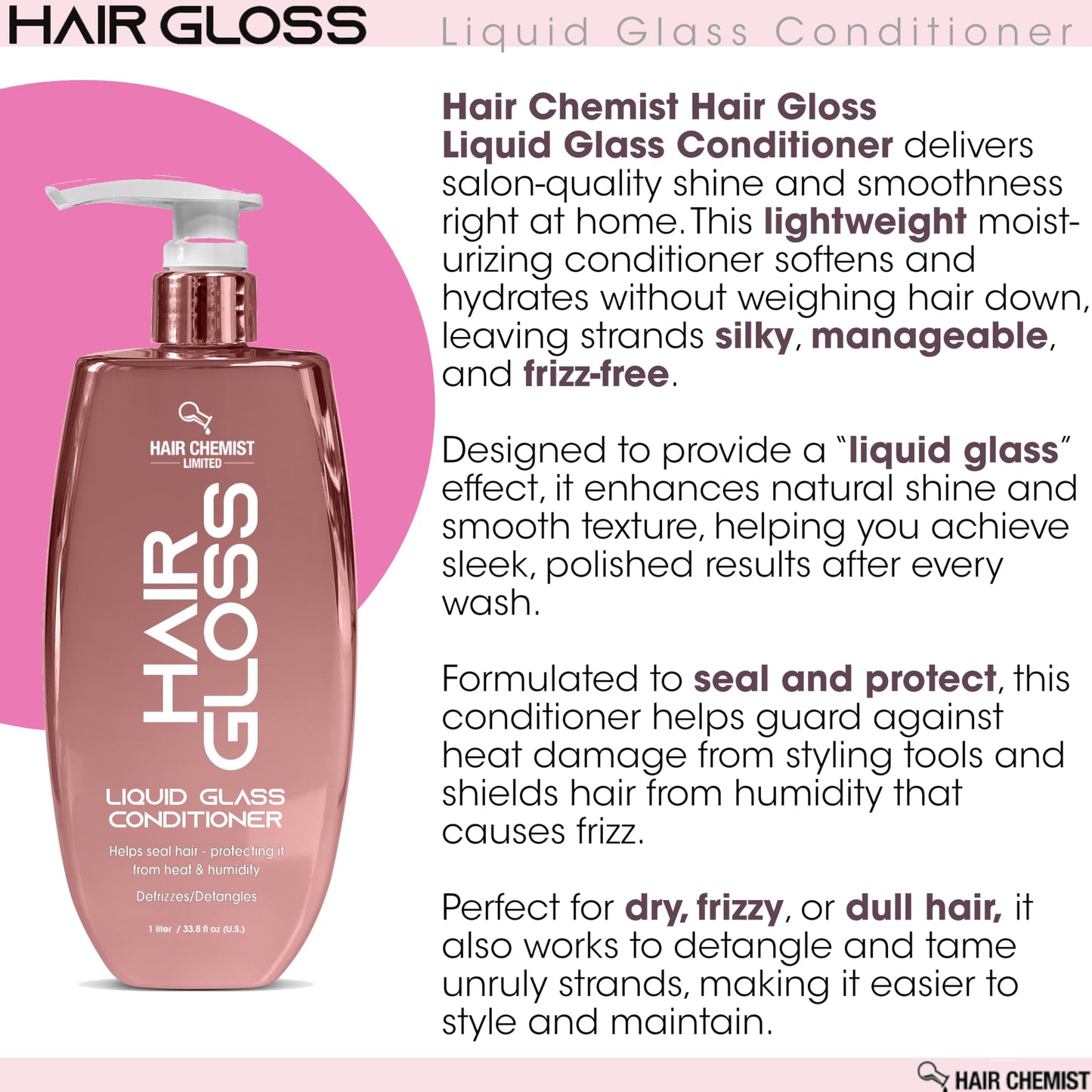 Hair Chemist Hair Gloss Liquid Glass 3-PC Shine & Protect Set - Includes 33.8oz Shampoo, 33.8oz Conditioner & 8oz Hair Oil Set (3-PC SET)