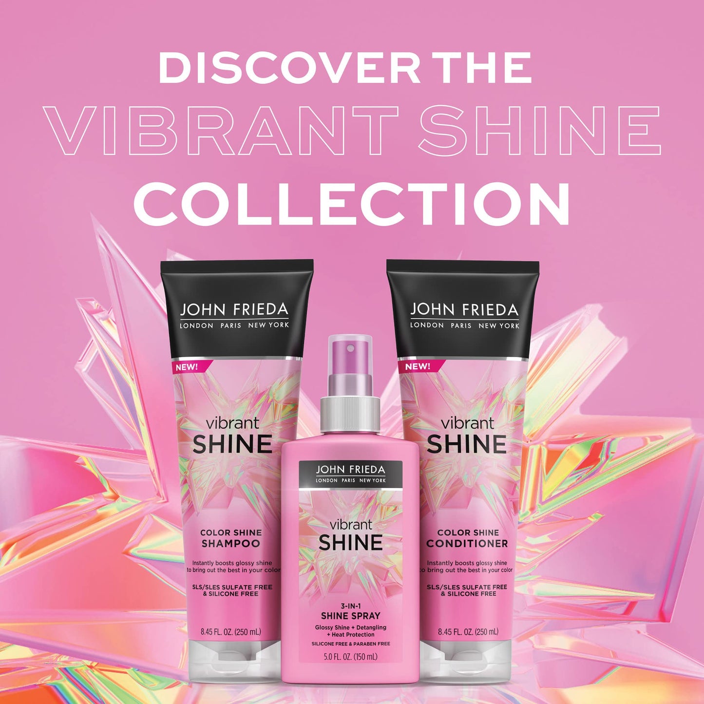 John Frieda Vibrant Shine 3 in 1 Spray, Boosts Shine, Detangles Hair, Heat Protects, Infused with Rosehip Oil for Radiant, Glossy Hair Across All