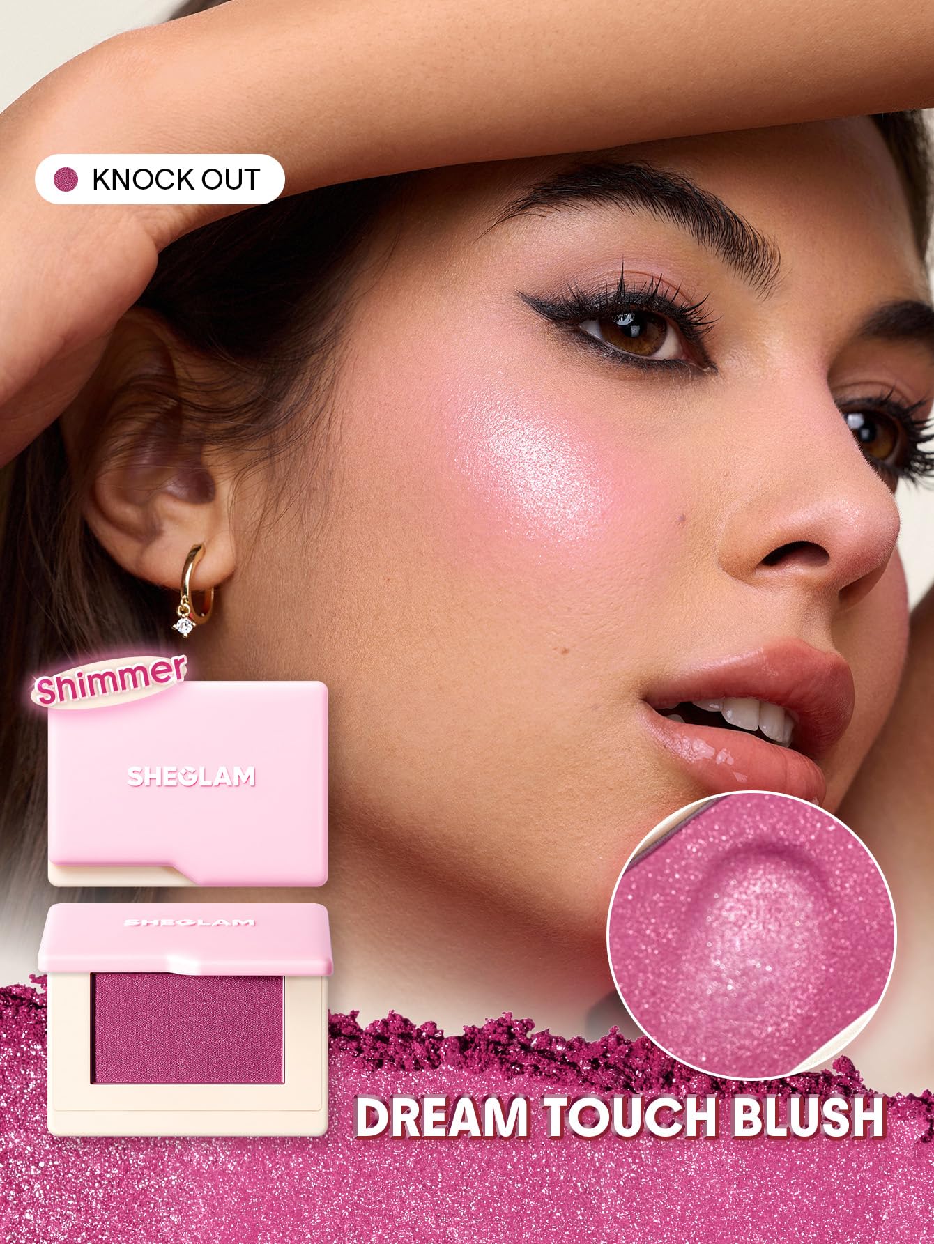 SHEGLAM Dream Touch Blush Shimmer Finish Blends Seamlessly Lightweight, Smooth, Blendable, Long-lasting Powder Blush-020 Knock Out
