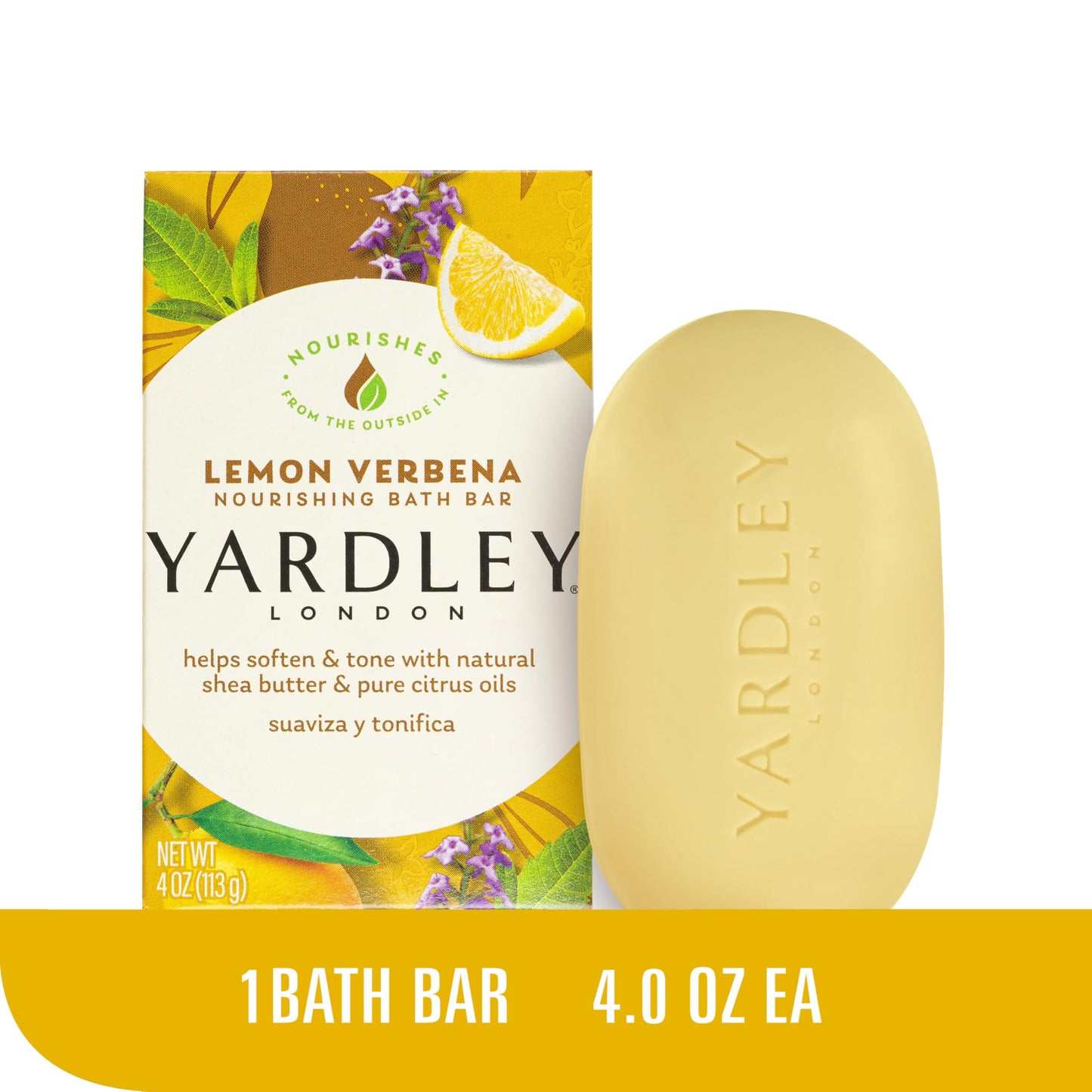 Yardley London Moisturizing Bath Bar Soap, Lemon Verbena, with Shea Butter & Pure Citrus Oils, Softens & Tones Skin, 4.0 oz