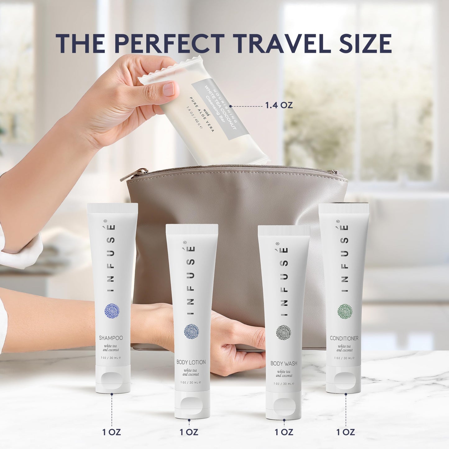 Infuse Pure White Tea and Coconut All-In-Kit Hotel Soaps and Toiletries Bulk Set | 1oz Shampoo & Conditioner, Body Wash, Lotion & 1.25oz Bar Soap |