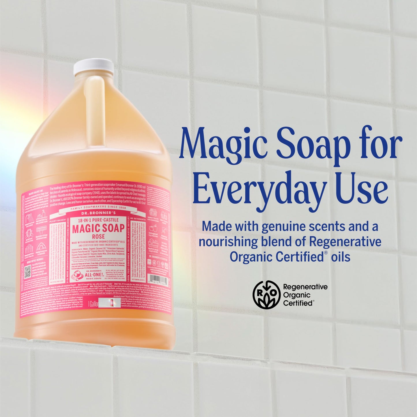 Dr. Bronner's Magic Soap Pure-Castile Liquid Soap (Rose, 1 Gallon) - Made with Organic Oils, 18-in-1 Uses: Face, Body, Hair, Laundry, Pets and Dishes