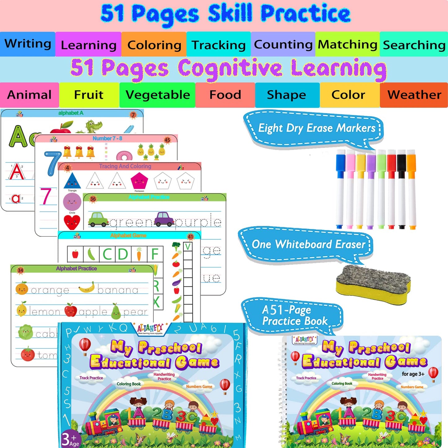 ALIANFLY Preschool Learning Workbook – Montessori Toddler Busy Book with Tracing, Handwriting, ABC & Activity Pages, Educational Toys for Kids