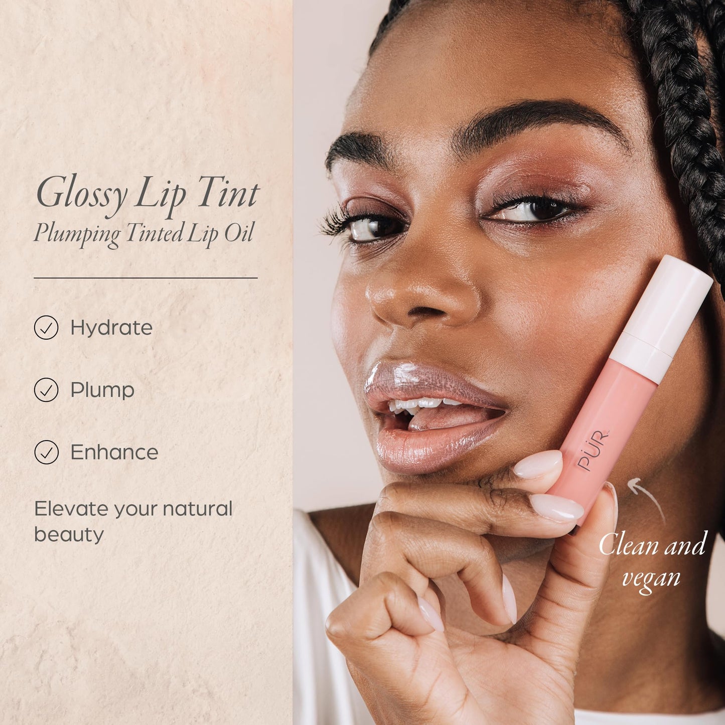 PÜR MINERALS Glossy Lip Tint, Plumping Tinted Lip Oil- Hydrate & Plumps with Buildable, Non-Sticky & High Shine Formula - Jajoba Oil, Vitamin E