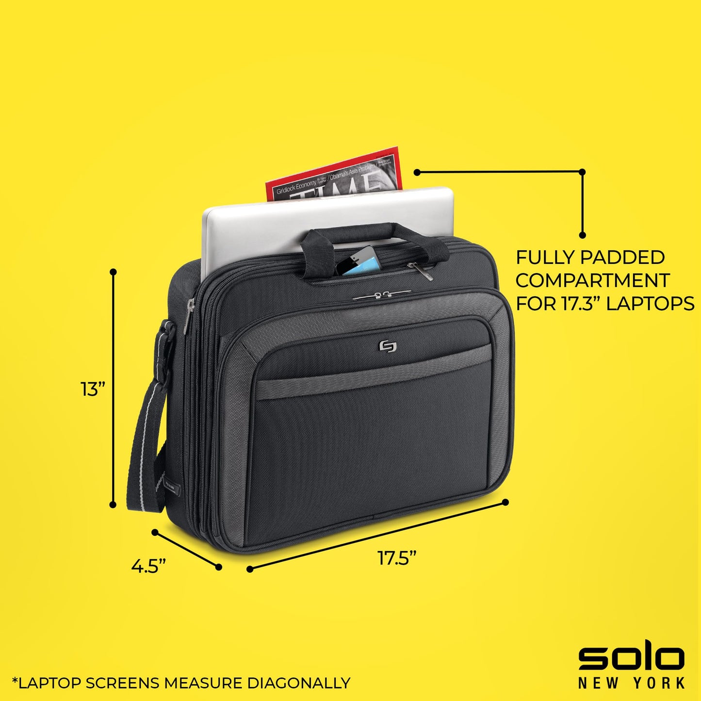 Solo New York Briefcase - Laptop Carrying Bag for Women & Men, Brief for Travel & Work, Front Zippered Pocket, Adjustable Shoulder Strap, Fits 17.3"