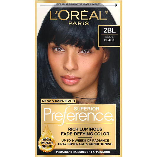 L'Oreal Paris Superior Preference Luminous Fade-Defying Permanent Hair Color, Hair Dye For Up to 9 Weeks of Radiance, 2BL Blue Black, 1 Kit