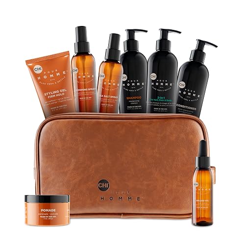CHI pour Homme Men's Toiletry Kit, Shampoo & Conditioner, 3-in-1 Hair, Face & Body Wash, Hairspray, Grooming Spray, Styling Gel, Pomade & Beard Oil