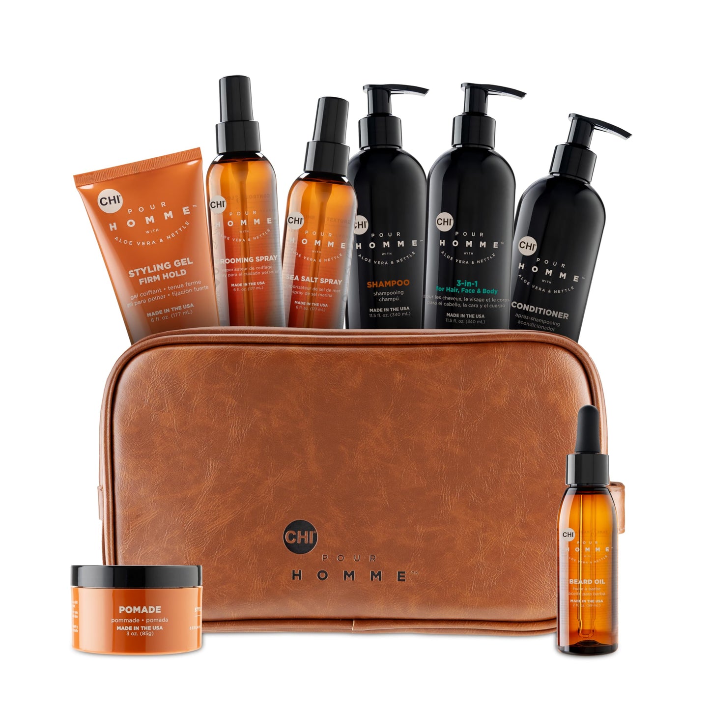 CHI pour Homme Men's Toiletry Kit, Shampoo & Conditioner, 3-in-1 Hair, Face & Body Wash, Hairspray, Grooming Spray, Styling Gel, Pomade & Beard Oil