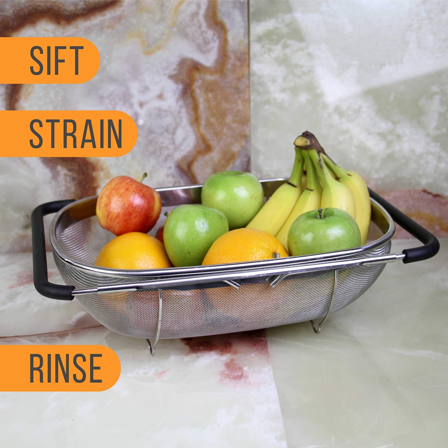 U.S. Kitchen Supply 6-Quart Collapsible Stainless Steel Colander with Expandable Handles – Fine Mesh Strainer for Kitchen