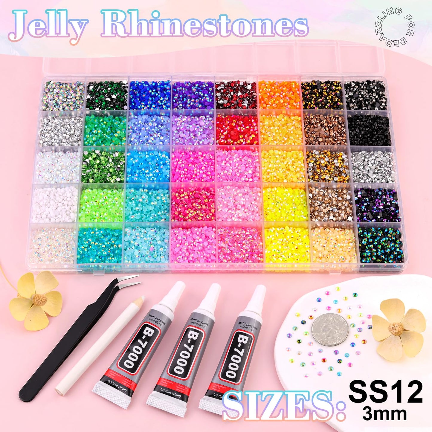 BELLEBOOST 50000Pcs 40 Colors Jelly Rhinestones Bedazzling kit, 3mm Multicolor Resin Flatback Gems for Diamond Art, Bedazzler Kit with 3Pcs 10ml B7000 Beauty & Personal Care BELLEBOOST