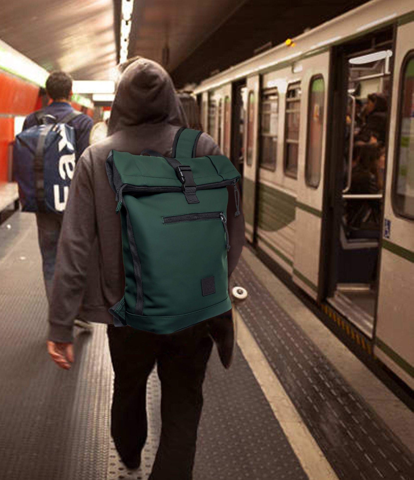 X RAY Roll Top Laptop Backpack for Men Women, PU Leather Expandable Roll Up Backpack Capacity Adjustable 22L & Fits 15.6" Laptop, Dark Olive