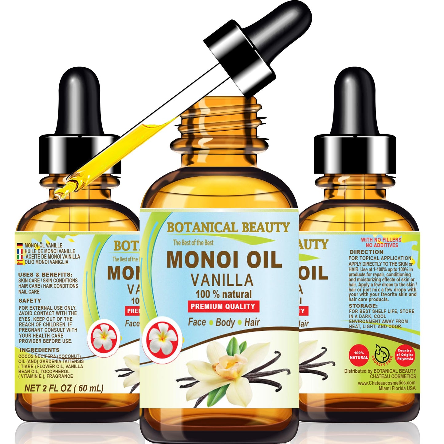 Botanical Beauty MONOI OIL VANILLA - Tiare flowers in Coconut Oil and Vanilla Bean Oil 100% Natural 2 Fl.oz - 60 ml Pure for FACE, SKIN, BODY, HAIR