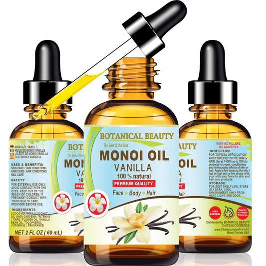 Botanical Beauty MONOI OIL VANILLA - Tiare flowers in Coconut Oil and Vanilla Bean Oil 100% Natural 2 Fl.oz - 60 ml Pure for FACE, SKIN, BODY, HAIR